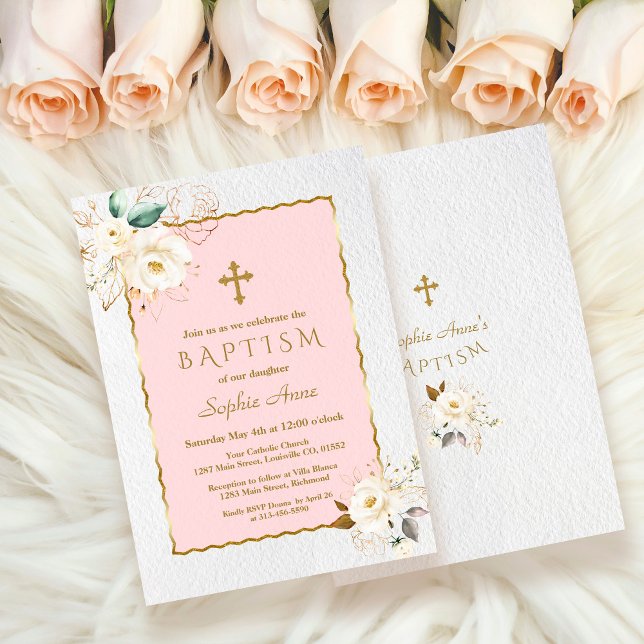 Elegant White Gold Floral Cross Girl Baptism  Invitation (modern white flowers baptism, trendy elegant white floral gold girl baptism, floral girl baptism)