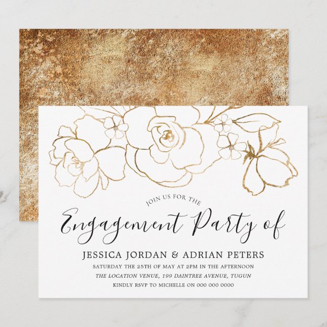 Elegant White & Gold Floral Engagement Party Invitation (Front/Back)