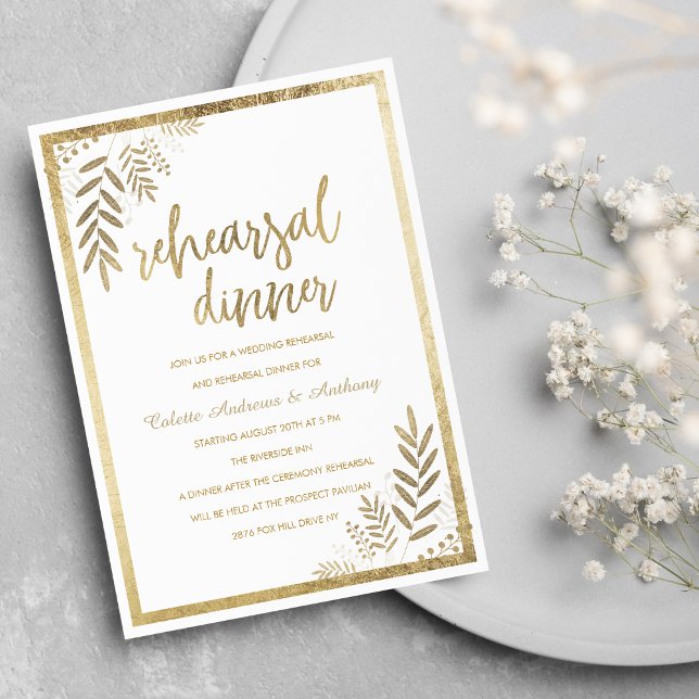 Elegant white gold floral frame Rehearsal Dinner Invitation (Elegant white gold floral frame Rehearsal Dinner)