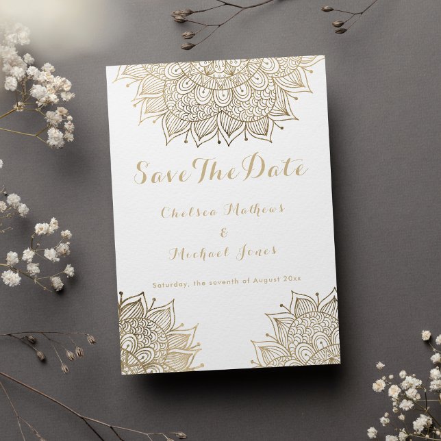 Elegant white gold floral mandala Save The Date  Invitation (Elegant white gold floral mandala Save The Date Invitation )