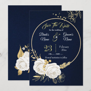 elegant white gold floral navy save the date