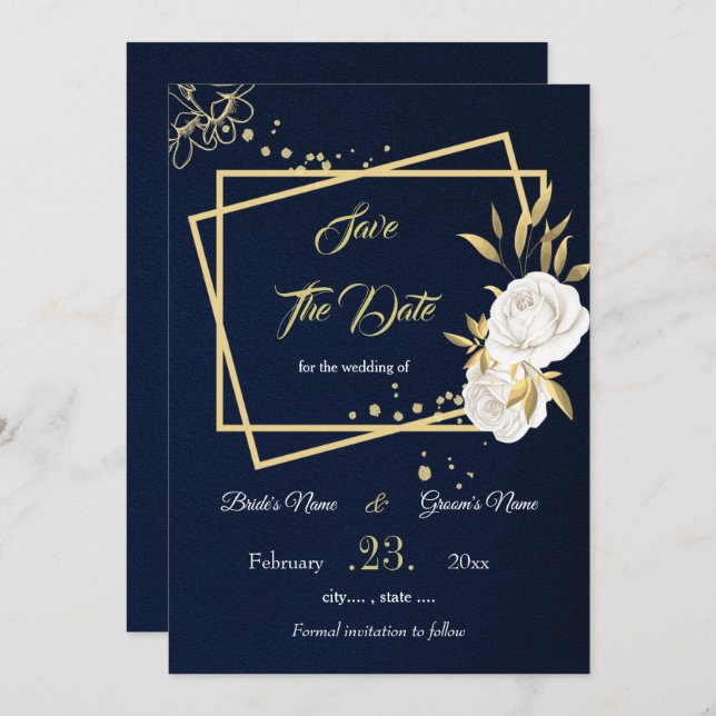 elegant white gold floral navy save the date (Front/Back)