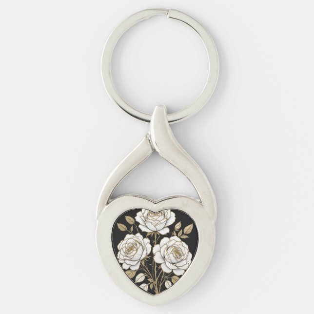 Elegant White & Gold Floral Rose heart key– Luxury Key Ring (Front)