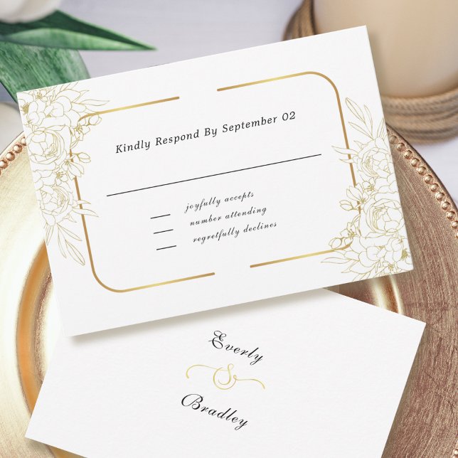 Elegant White Gold Floral Script Border Frame RSVP (Creator Uploaded)