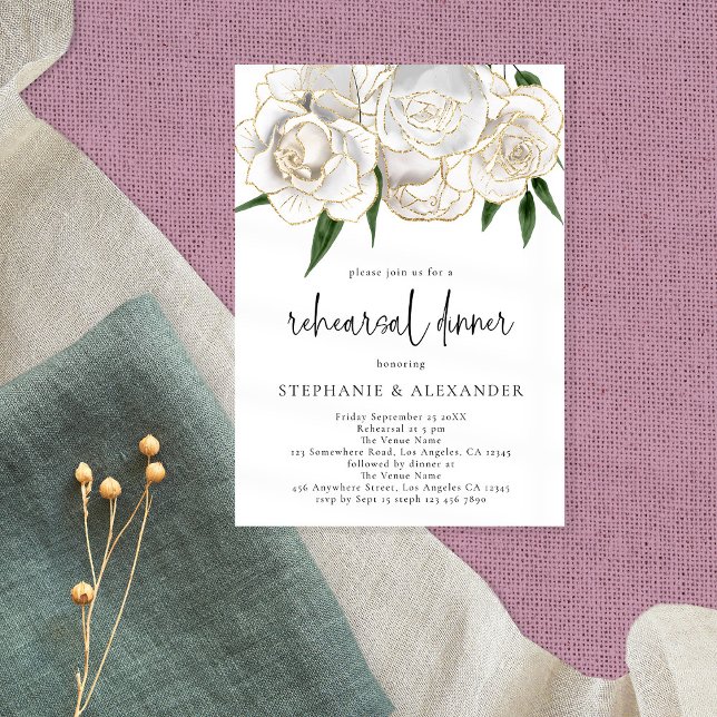 Elegant White Gold Floral Script Rehearsal Dinner  Invitation (Creator Uploaded)