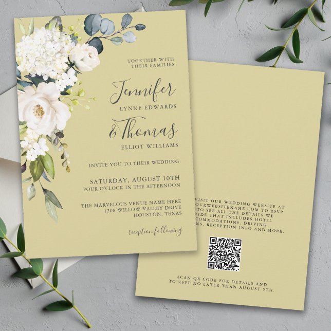 Elegant White Gold Floral Wedding with QR code Invitation (Creator Uploaded)