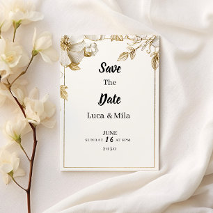 Elegant white gold flower typography Save the Date Invitation