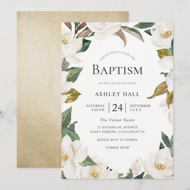 Elegant White Gold Flowers Boy or Girl Baptism Invitation (Front/Back)