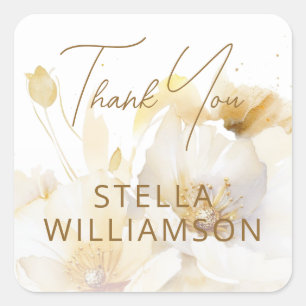 Elegant White Gold Flowers Thank You Square Sticker