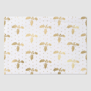 Elegant White & Gold Foil Christmas Holly Pattern Tissue Paper