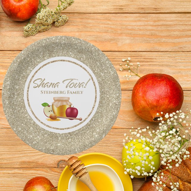 Elegant White Gold Glitter Jewish Rosh Hashanah Paper Plate (Creator Uploaded)