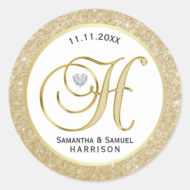 Elegant White Gold Glitter Monogram Letter 'H' Classic Round Sticker (Front)