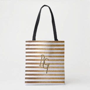 Elegant White Gold Glitter Stripe Monogram Tote Bag