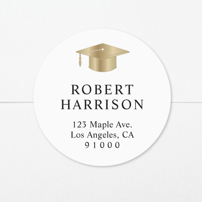 Elegant White Gold Graduation Return Address Classic Round Sticker (Creator Uploaded)