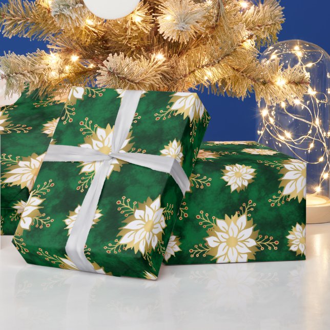 Elegant White Gold Green Poinsettia Flower Pattern Wrapping Paper (Holidays)