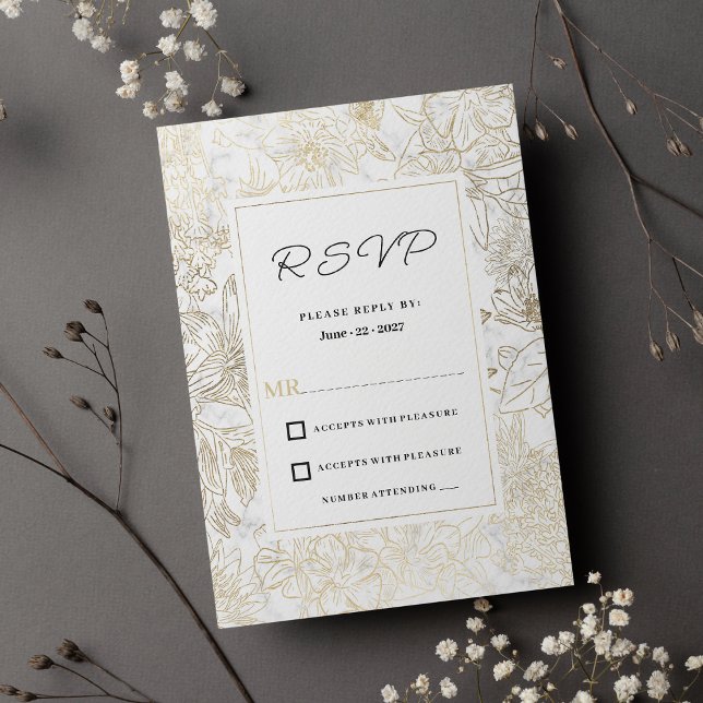 Elegant white gold grey marble floral RSVP  Invitation (Elegant white gold gray marble floral RSVP)