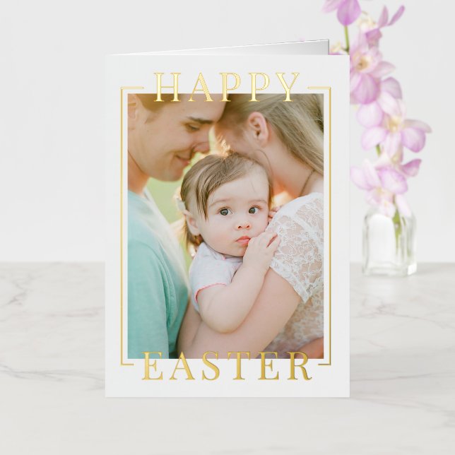 Elegant White + Gold Happy Easter Photo  Foil Holiday Card (Orchid)