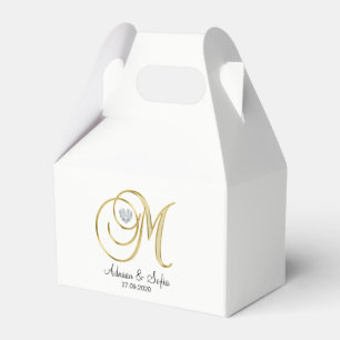 Elegant White Gold Heart Monogram M Wedding Gift Favour Box