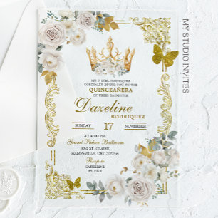 Elegant White Gold Ivory Crown Quinceanera Acrylic Invitations