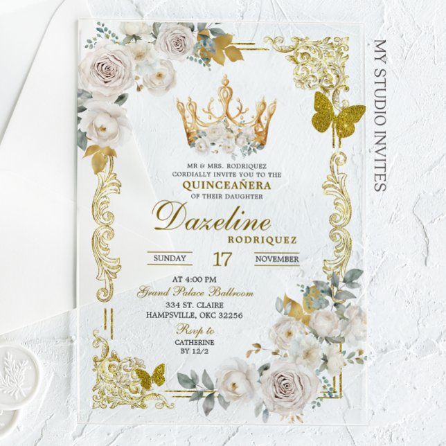Elegant White Gold Ivory Crown Quinceanera Acrylic Invitations (Creator Uploaded)