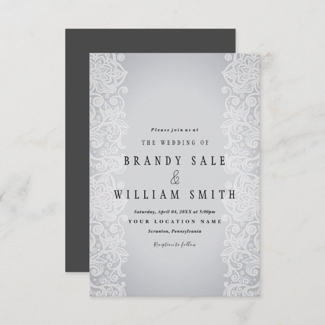 Elegant White Gold Lace Grey Black Wedding Card (Front/Back)