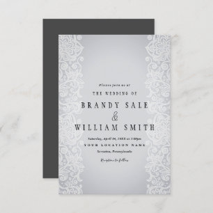 Elegant White Gold Lace Grey Black Wedding Card