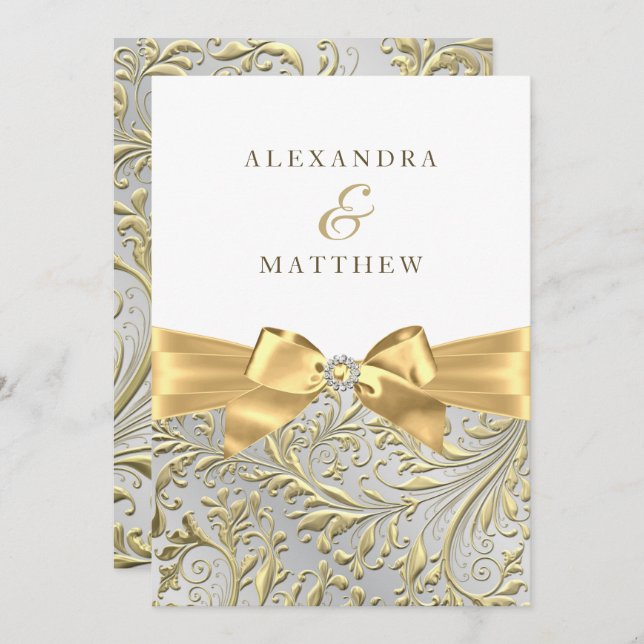 Elegant White & Gold Leaf Bow Wedding Invitation (Front/Back)