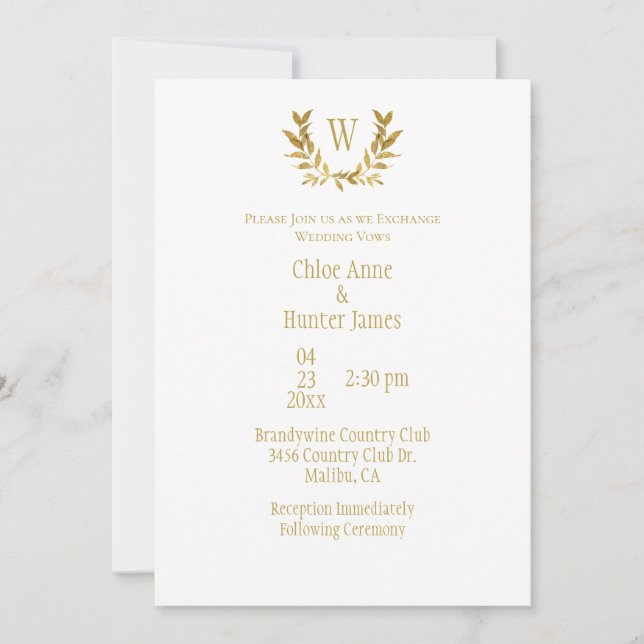 Elegant White Gold Leaf Chic Monogram Wedding Invitation (Front)
