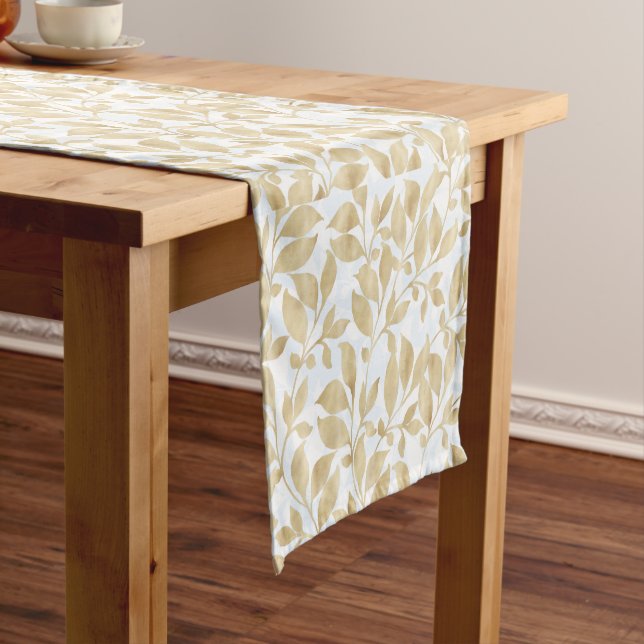 Elegant White Gold Leaves Greenery Botanical Short Table Runner (In Situ)