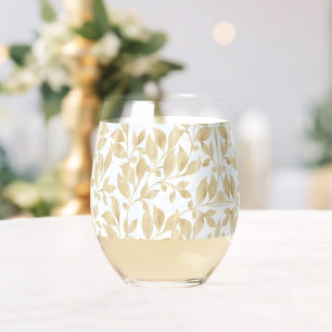 Elegant White Gold Leaves Greenery Botanical Stemless Wine Glass