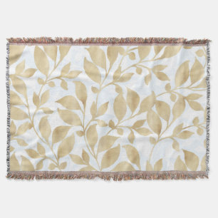 Elegant White Gold Leaves Greenery Botanical Throw Blanket