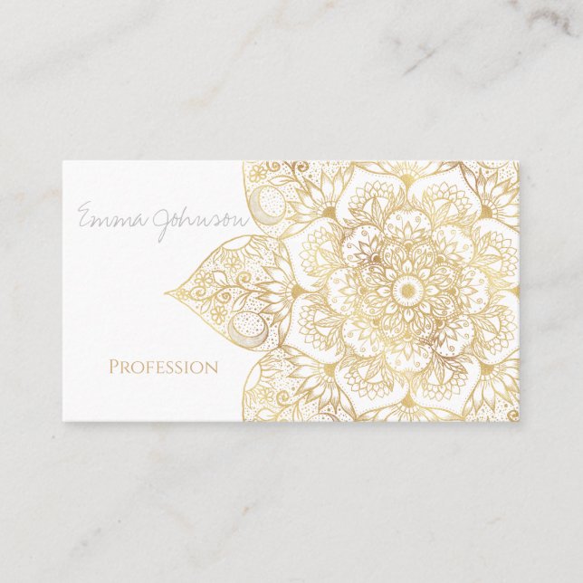 Elegant White Gold Mandala Floral  Business Card (Front)