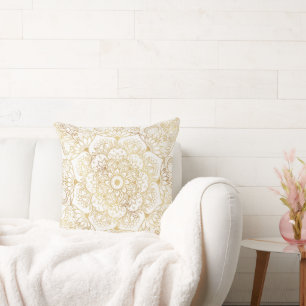 Elegant White Gold Mandala Floral Cushion
