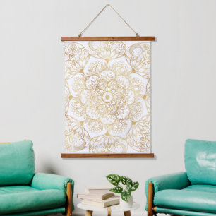 Elegant White Gold Mandala Floral  Hanging Tapestry