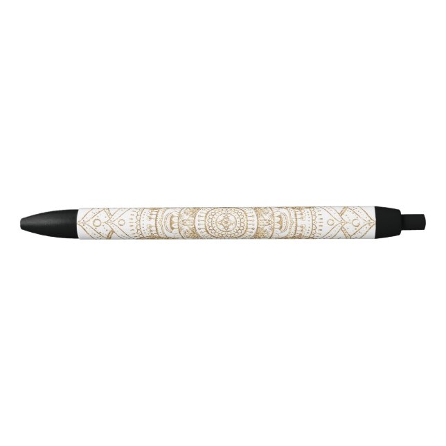 Elegant White & Gold Mandala Hand Drawn Design Black Ink Pen (Front)