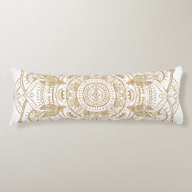 Elegant White & Gold Mandala Hand Drawn Design Body Cushion (Front)