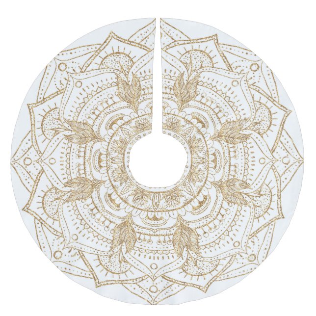 Elegant White & Gold Mandala Hand Drawn Design Brushed Polyester Tree Skirt (Front)