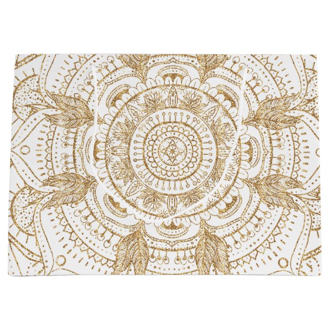 Elegant White & Gold Mandala Hand Drawn Design Large Gift Bag (Front)