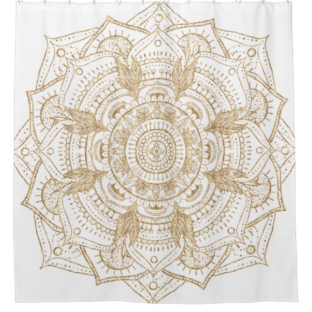 Elegant White & Gold Mandala Hand Drawn Design Shower Curtain (Front)