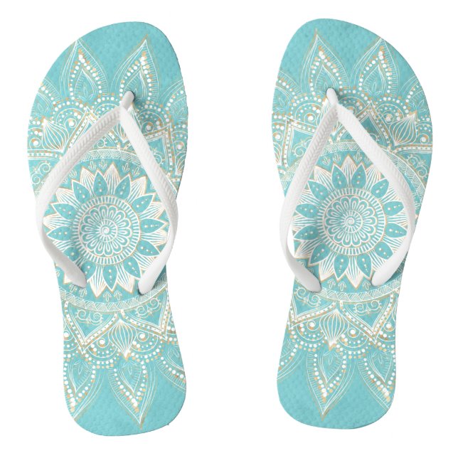 Elegant White Gold Mandala Sky Blue Design Jandals (Footbed)