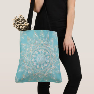 Elegant White Gold Mandala Sky Blue Design Tote Bag