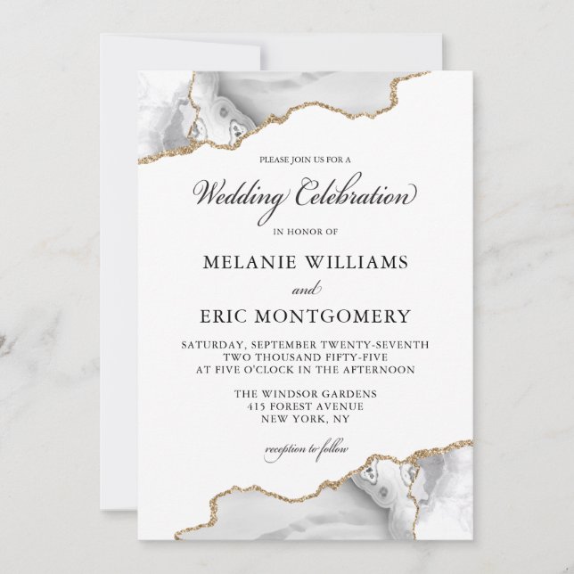 Elegant White Gold Marble Agate Geode Wedding Invitation (Front)