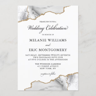 Elegant White Gold Marble Agate Geode Wedding Invitation