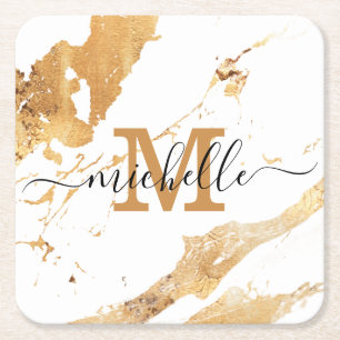 Elegant White Gold Marble Hand Lettered Monogram  Square Paper Coaster