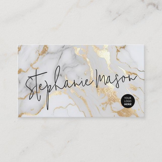 Elegant White Gold Marble Logo Script Modern Business Card (Front)