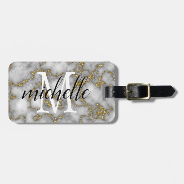 Elegant White Gold Marble  | Monogram Custom  Luggage Tag (Front Horizontal)