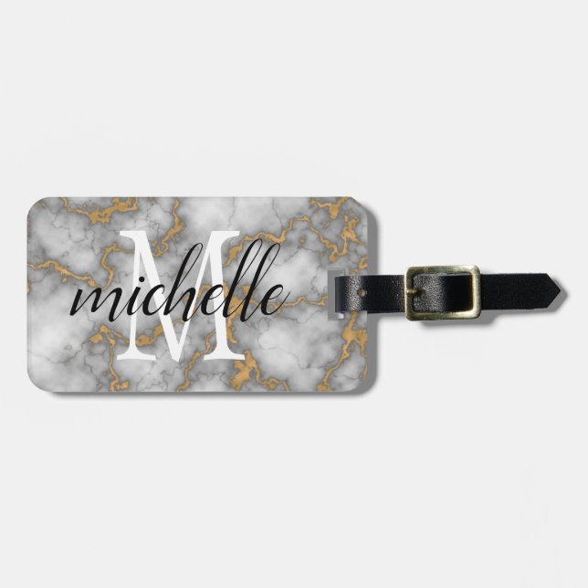 Elegant White Gold Marble  | Monogram Custom  Luggage Tag (Front Horizontal)