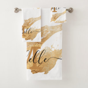 Elegant White Gold Marble Monogram Customizable Bath Towel Set