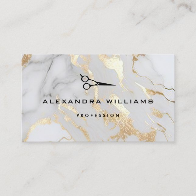 Elegant White Gold Marble QR Code Scissor Modern Business Card (Front)