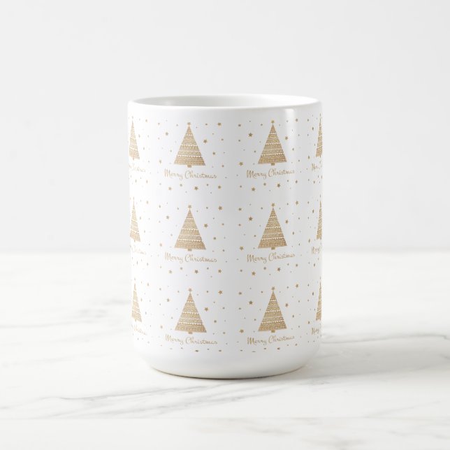 Elegant White Gold Merry Christmas Tree Stars  Coffee Mug (Center)